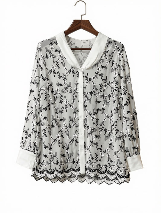 White Chiffon Floral Embroidered Blouse Maxi Dress - Long Sleeve Shawl Collar Button Down Shirt