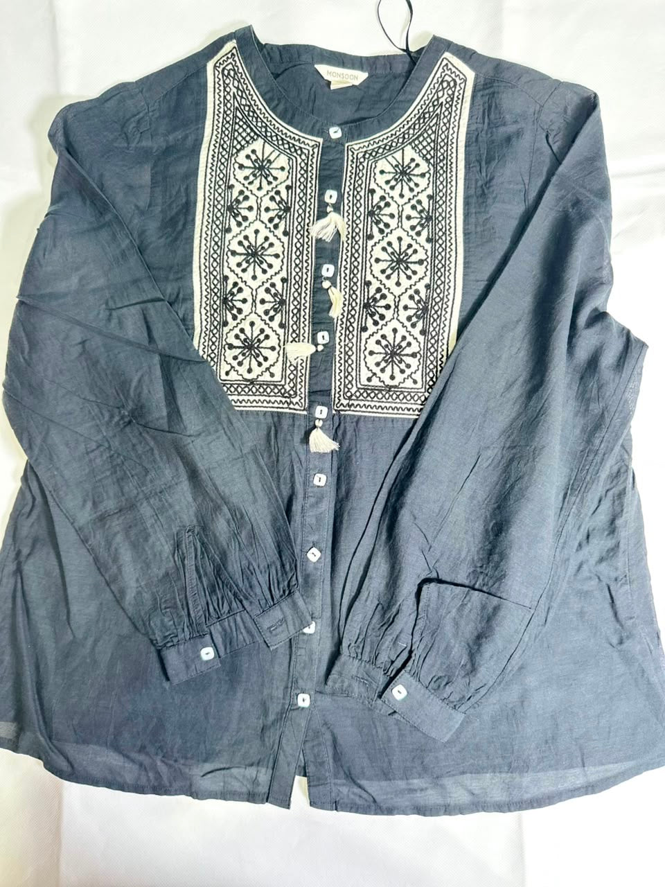 Preloved Monsoon Black Embroidered Tassel Long Sleeve Boho Blouse