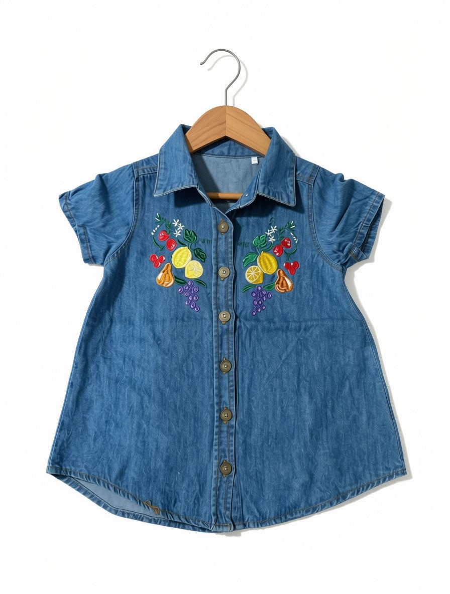 Girls Preloved Embroidered Fruit Denim Top (Size 2-3Y)
