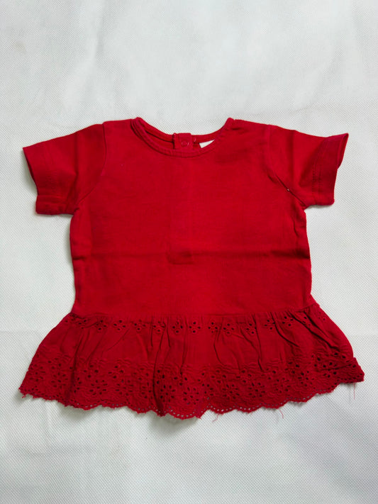 Preloved Baby Girls Red Short Sleeve Eyelet Lace Peplum Top