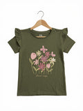 Preloved C&A Kids "Flower Magic" Ruffled Graphic T-Shirt – Olive Green