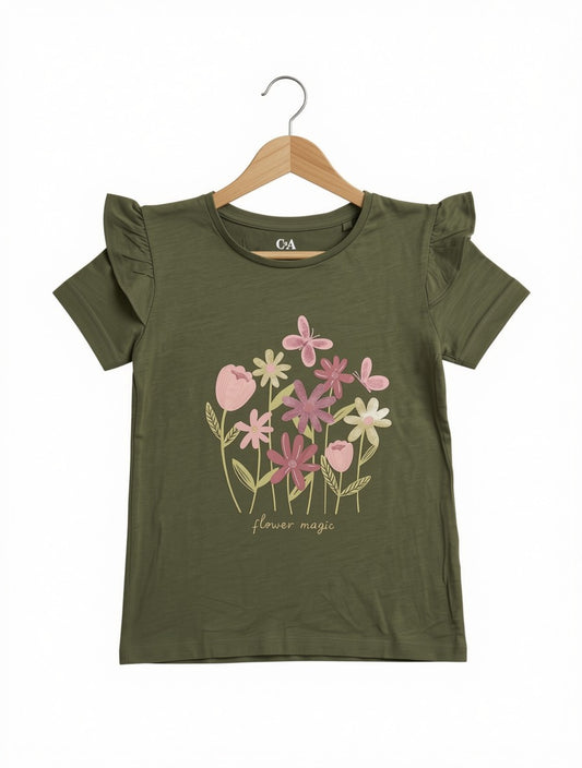 Preloved C&A Kids "Flower Magic" Ruffled Graphic T-Shirt – Olive Green