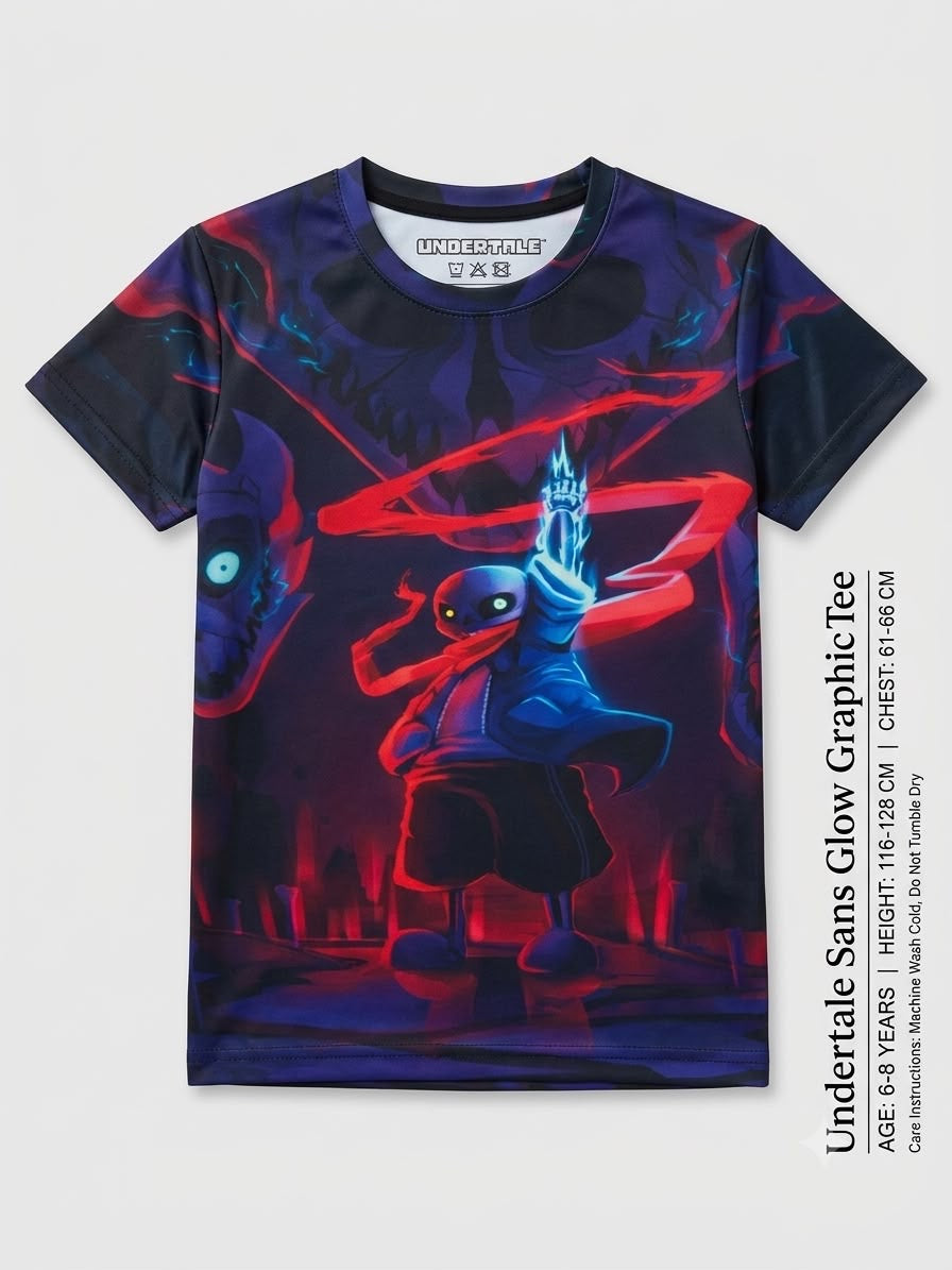 Undertale Sans All-Over Graphic T-Shirt for Kids | Gamer Character Print Tee | Age 6–8 Years | Excellent Preloved Condition