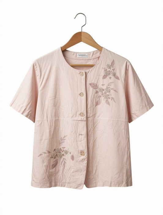 Women's Preloved Pink Embroidered Short-Sleeve Blouse