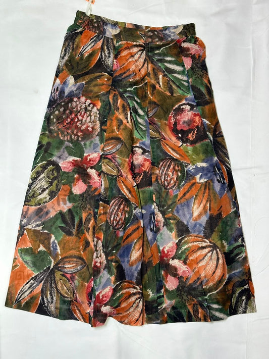 Preloved Vintage Abstract Tropical Botanical Watercolor Pleated Midi Skirt