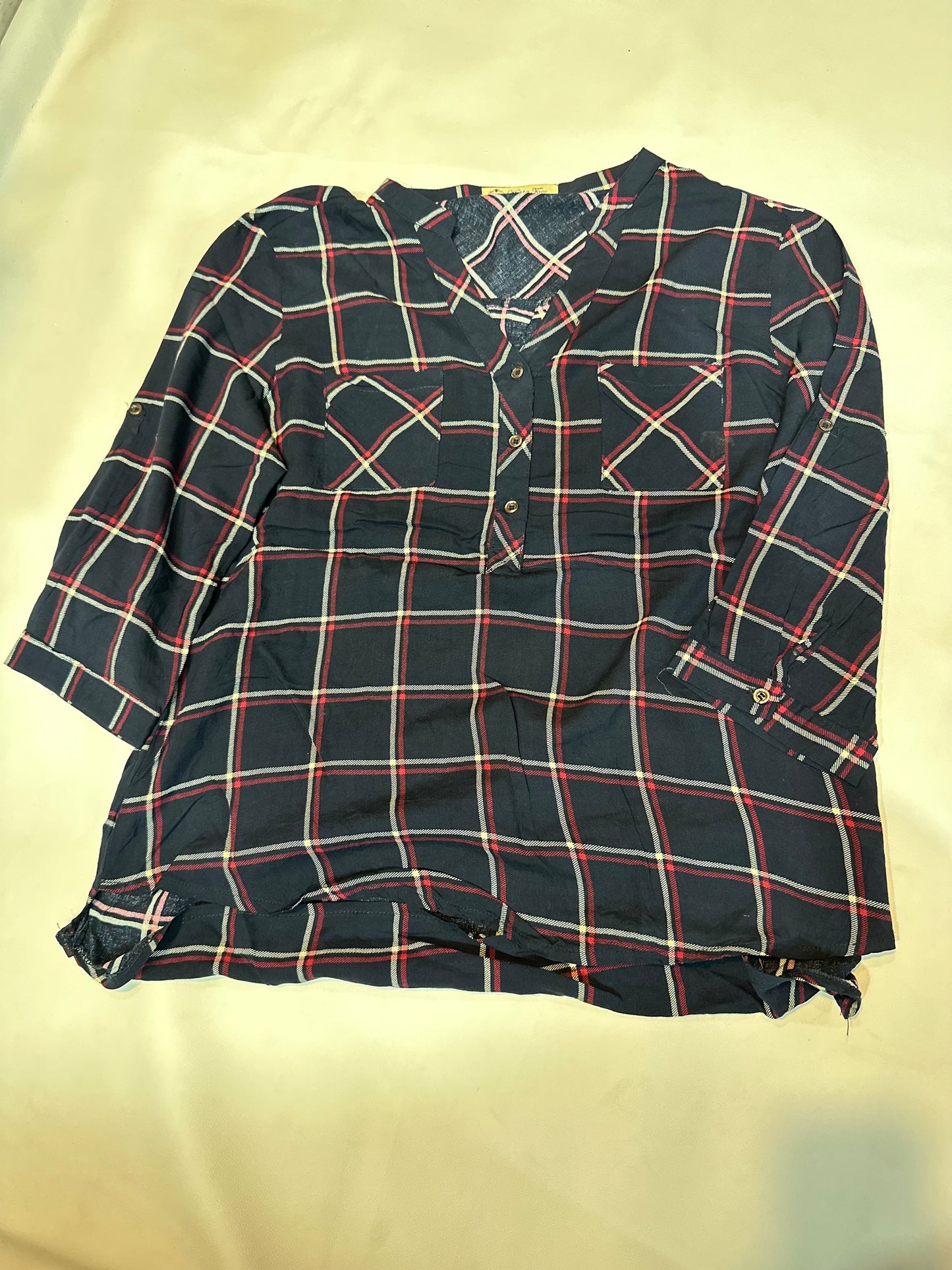 Ladies' Preloved Navy Blue Plaid Grid Roll-Tab Button Blouse