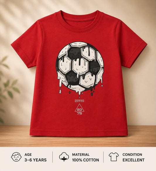 Preloved Kids Dripping Soccer Ball Graphic T-Shirt – Red 100% Cotton (Ages 3-6)