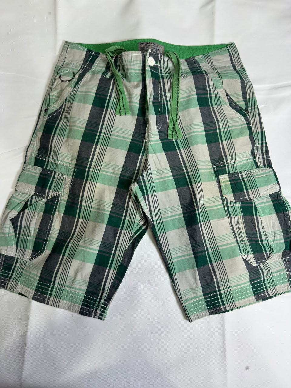 Preloved Green & Grey Plaid Checked Drawstring Cotton Cargo Shorts