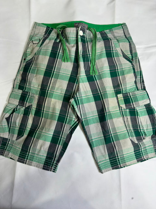 Preloved Green & Grey Plaid Checked Drawstring Cotton Cargo Shorts