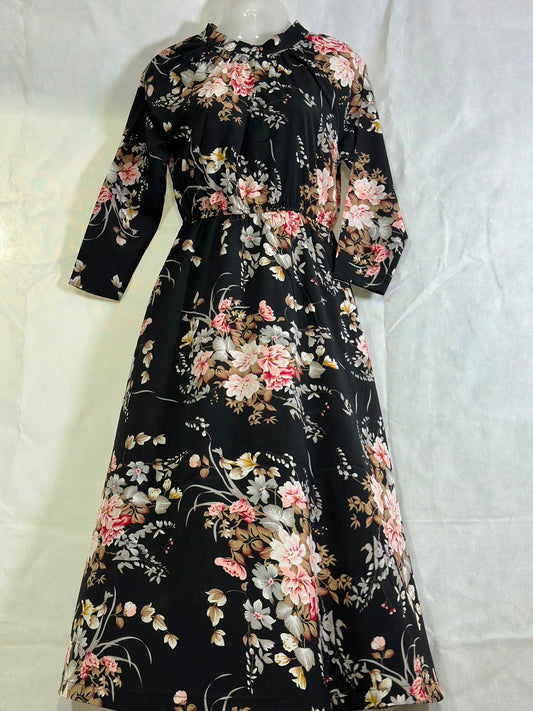 Preloved Shein Black Vintage Floral Ruffle Stand-Collar Midi Dress