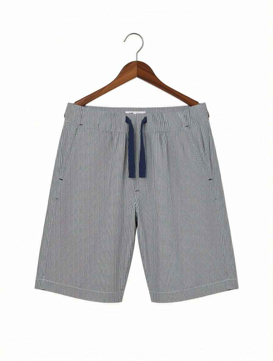 Boys Preloved Navy & White Seersucker Striped Casual Shorts (Size 8-9 Years)