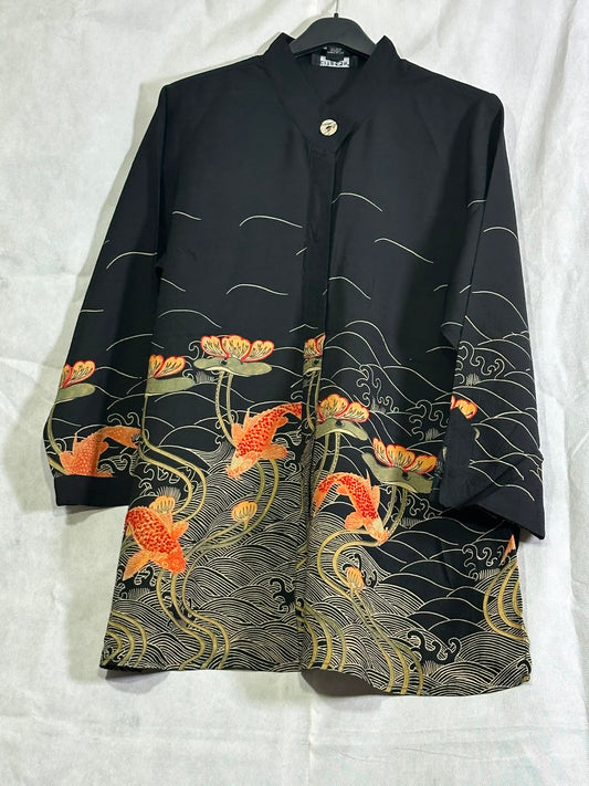 Vintage Japanese Style Koi Fish & Lotus Floral Print Mandarin Collar Jacket