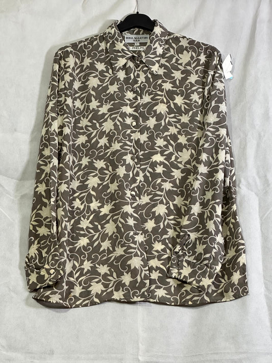 Vintage Nina Martini USA Taupe Floral Vine Long Sleeve Button-Down Shirt