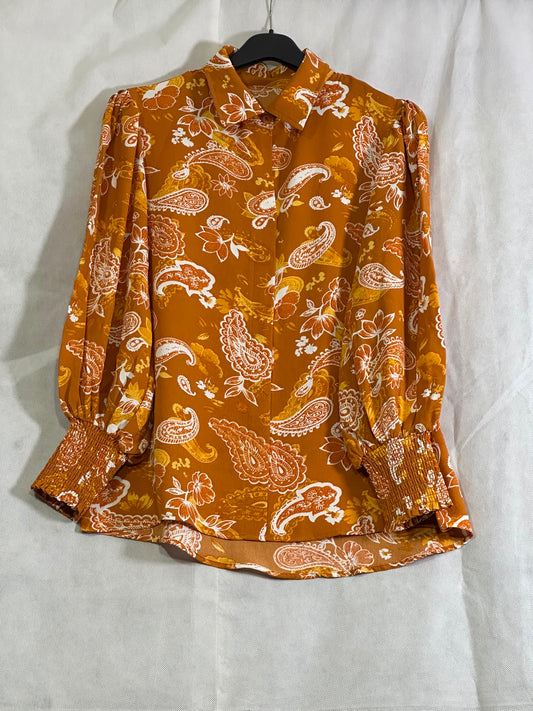 Preloved Mustard Yellow Paisley Printed Smocked-Cuff Long Sleeve Blouse