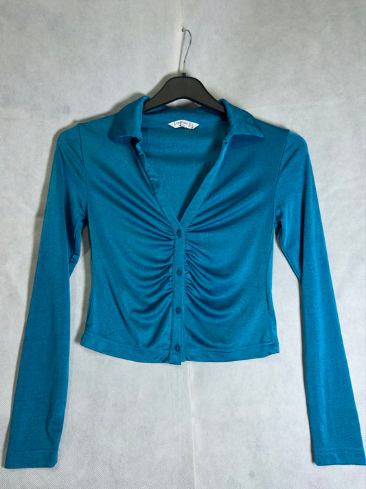Preloved Stradivarius Teal Blue Ruched Front Collared Long Sleeve Top