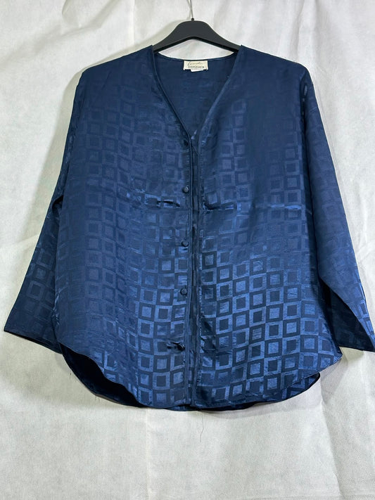 Vintage Linda Exclusive for Eaton Navy Blue Jacquard Geometric V-Neck Blouse