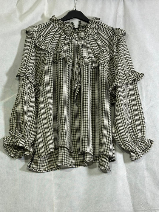 Preloved Cupio Black & White Gingham Seersucker Ruffled Tie-Neck Blouse