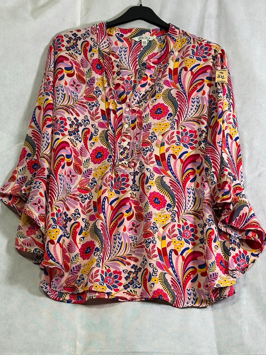 Preloved Bold Pink Floral Paisley Split-Neck Bell-Sleeve Blouse