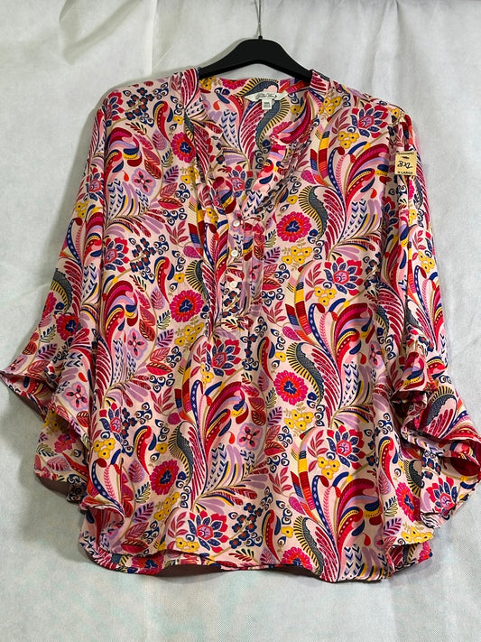 Preloved Bold Pink Floral Paisley Split-Neck Bell-Sleeve Blouse