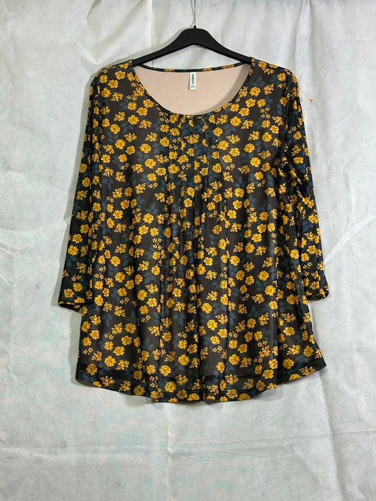 Preloved Black & Yellow Floral Pintuck Lined Sheer Tunic Top