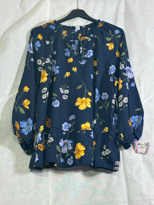 Preloved Navy Blue Floral Print Peplum Hem Long-Sleeve Blouse