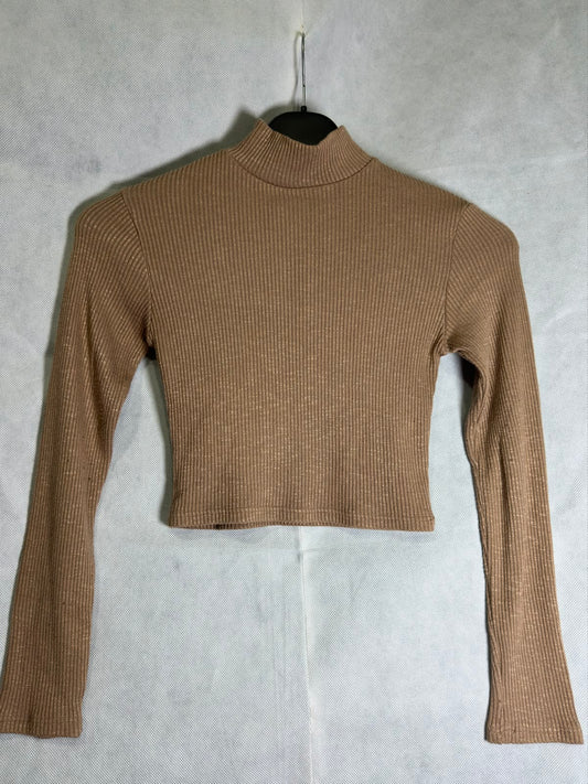 Preloved Fashion Nova Tan Mock Neck Shimmer Ribbed Long Sleeve Crop Top