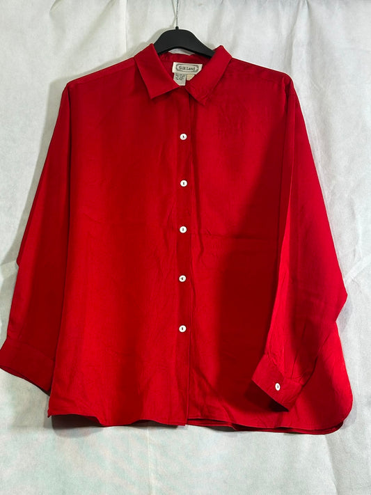 Preloved Silk Land 100% Pure Silk Vibrant Red Long-Sleeve Button-Down Shirt
