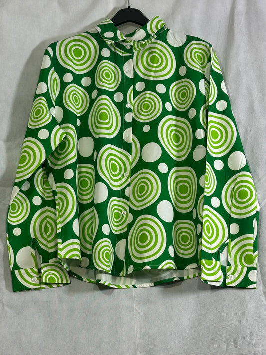 Preloved Green & White Retro Concentric Swirl Print Long-Sleeve Button-Down Shirt