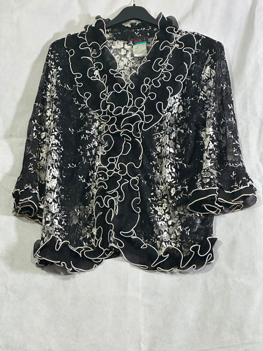 Preloved Black & White Floral Sheer Lace Ruffle-Trim Open Cardigan Top