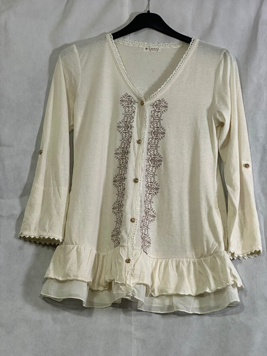 Preloved Axes femme Cream Ornate Embroidered V-Neck Ruffle Hem Cardigan Top