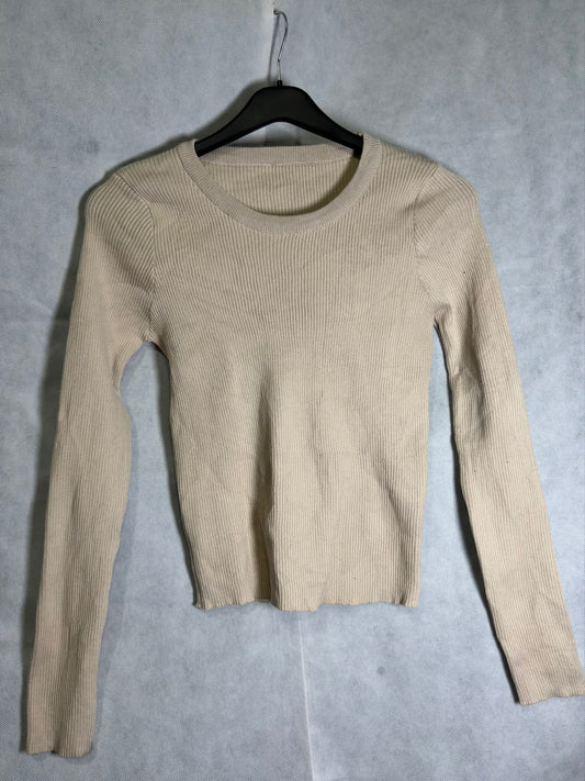 Preloved SHEIN Beige Ribbed Knit Crewneck Long Sleeve Sweater Top