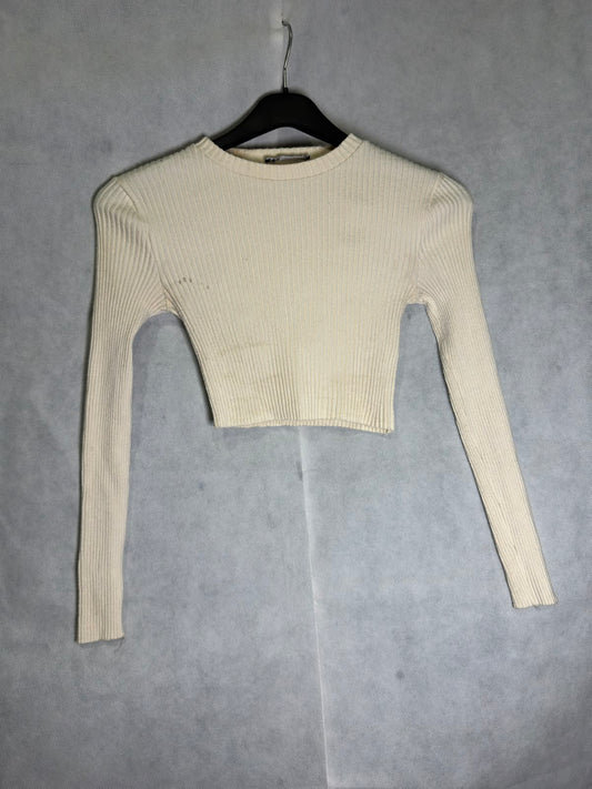 Preloved ZARA Off-White Crewneck Ribbed Knit Long Sleeve Crop Top