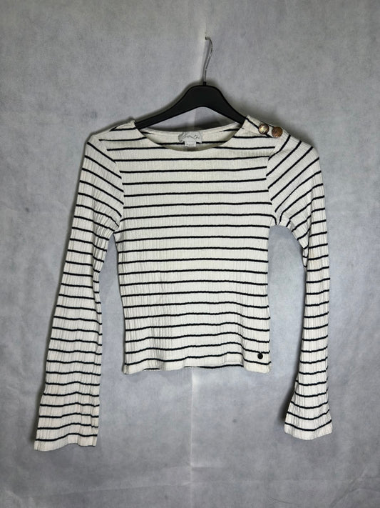 Preloved Cotton Club Off-White Striped Button-Detail Ribbed Long Sleeve Top