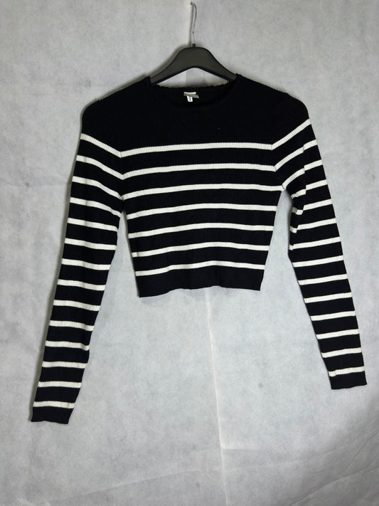 Preloved Anko Black & White Striped Ribbed Long Sleeve Cropped Sweater