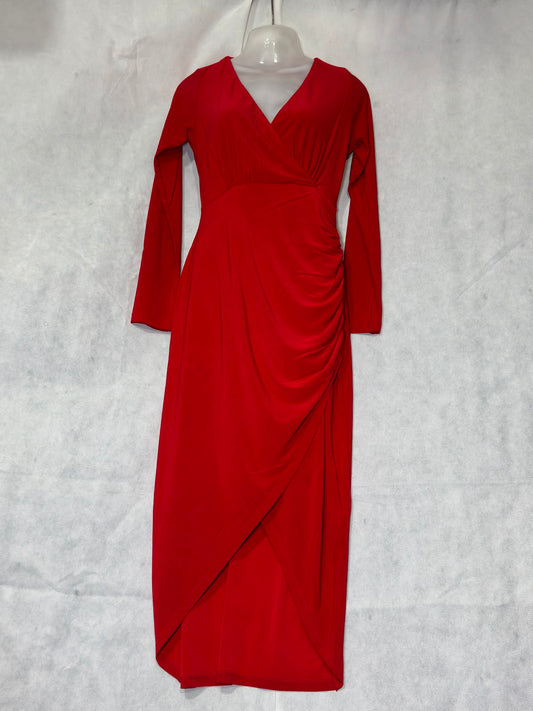 Preloved New Look Red Long Sleeve Ruched Wrap Front Midi Dress
