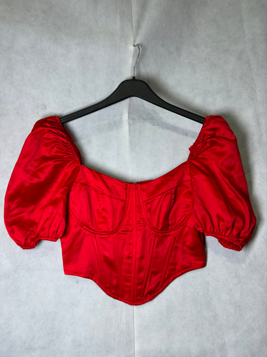 Preloved I Saw It First Red Satin Puff Sleeve Corset Crop Top