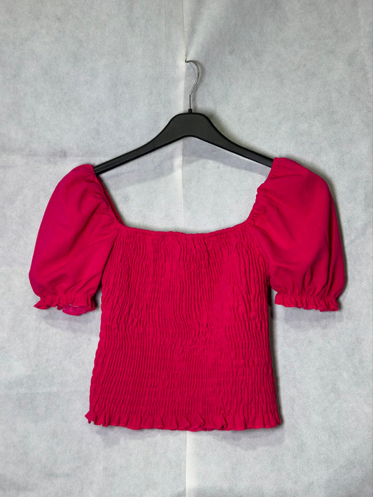 Preloved New Look Hot Pink Textured Smocked Puff Sleeve Crop Top