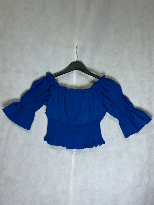 Preloved Royal Blue Off-Shoulder Smocked Waist Bell Sleeve Crop Top