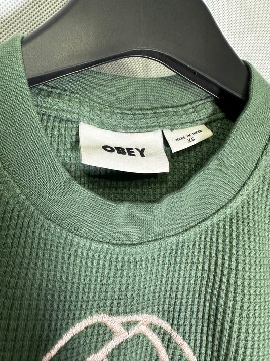 Preloved OBEY Olive Green Waffle Knit Rose Graphic Crop Top