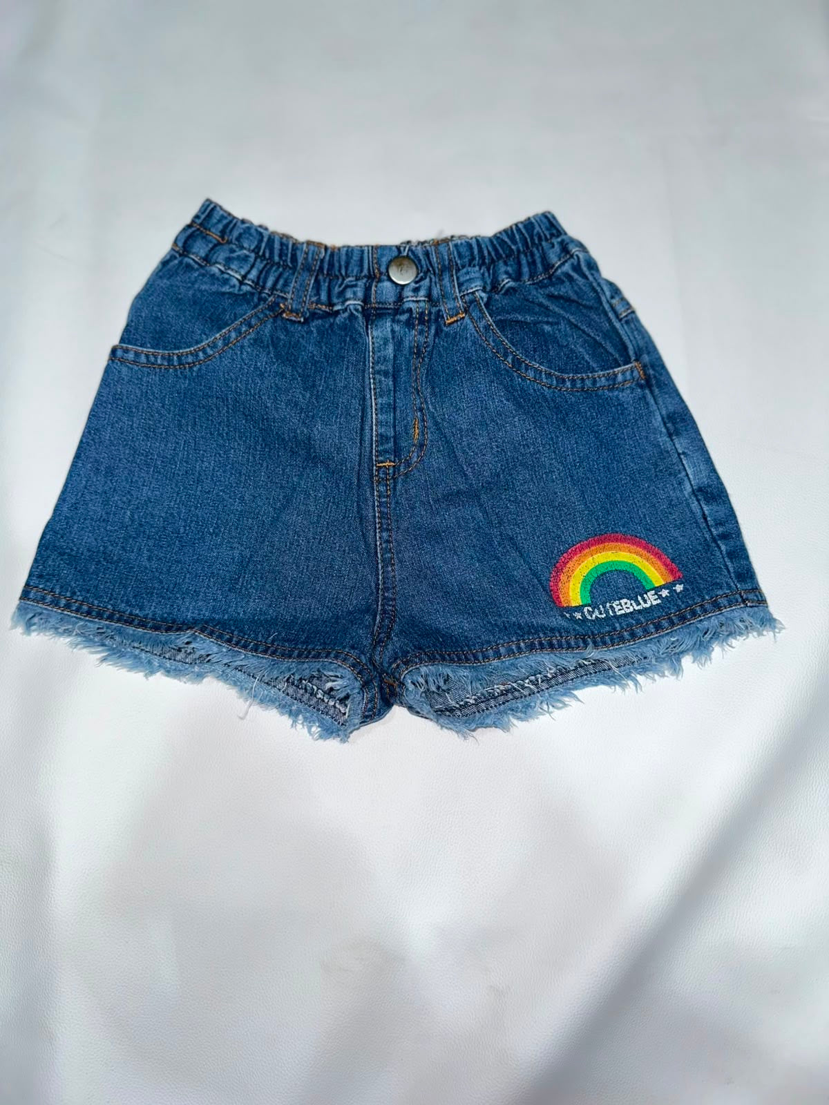 Preloved Girls Rainbow Graphic Fringed Denim Shorts