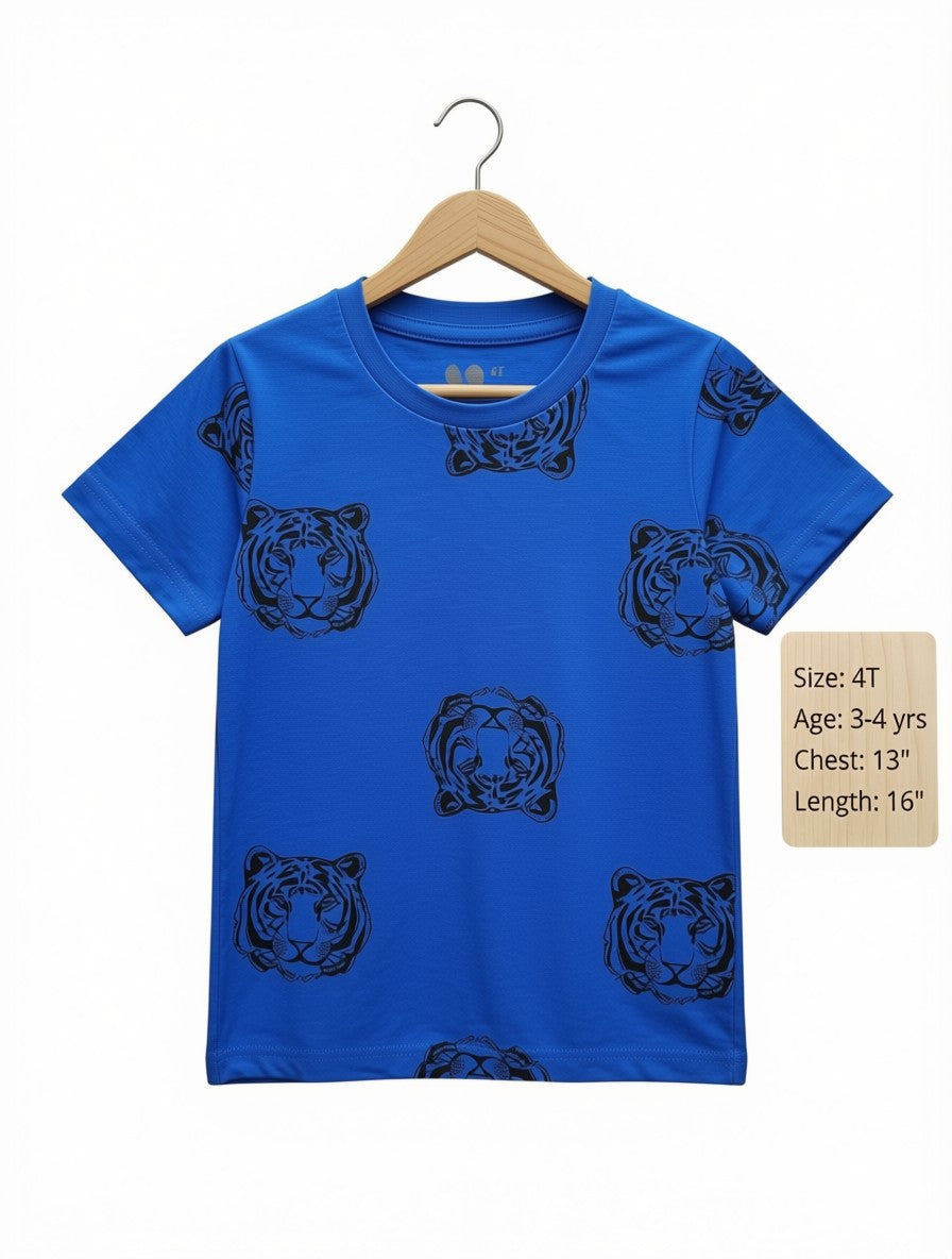 Preloved Kids All-Over Tiger Face Print T-Shirt – Cobalt Blue (Size 4T)