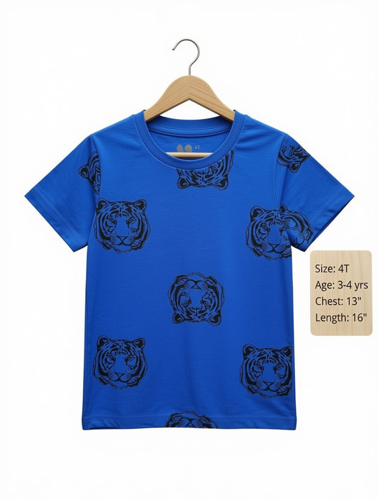 Preloved Kids All-Over Tiger Face Print T-Shirt – Cobalt Blue (Size 4T)