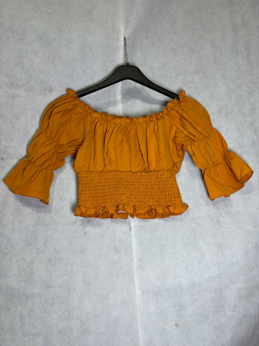 Preloved Mustard Yellow Off-Shoulder Smocked Waist Bell Sleeve Crop Top
