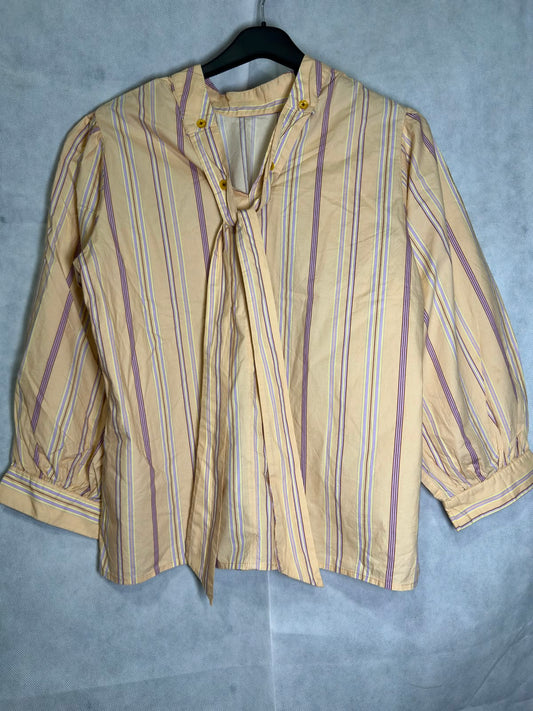 Preloved Pastel Yellow Vertical Striped Tie-Neck Puff Sleeve Blouse