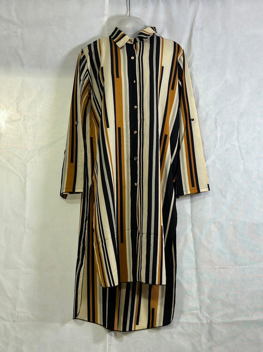 Preloved Vertical Multi-Striped Roll-Up Sleeve Viscose Midi Shirt Dress