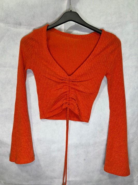 Preloved Burnt Orange Ruched Drawstring Front Flare Long Sleeve Crop Top