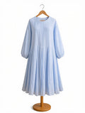 Pastel Light Blue Chiffon Pleated Maxi - Casual Long Sleeve Summer Midi Dress