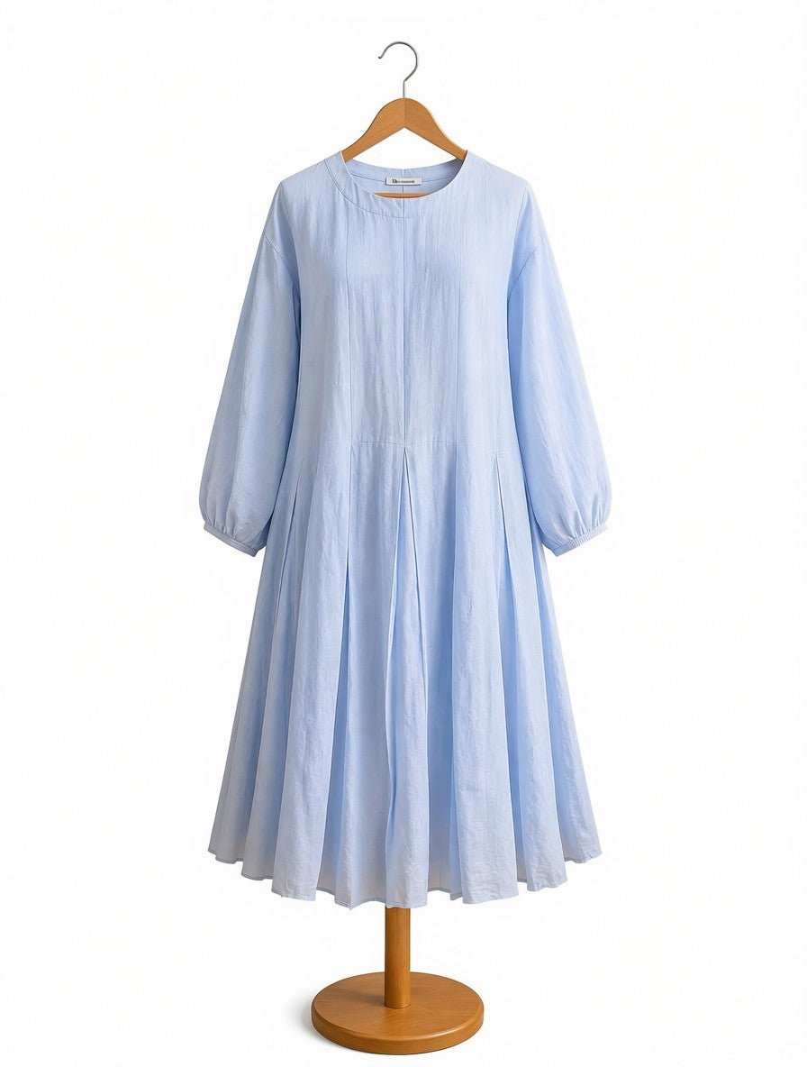 Pastel Light Blue Chiffon Pleated Maxi - Casual Long Sleeve Summer Midi Dress
