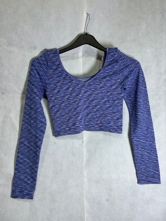 Preloved Blue Space-Dye Ribbed Long Sleeve V-Neck Crop Top