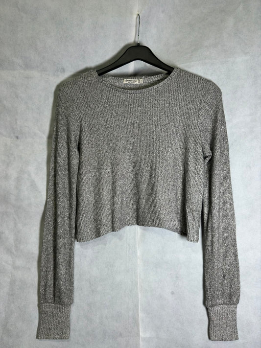 Preloved Stradivarius Grey Marled Ribbed Long Sleeve Crop Sweater Top
